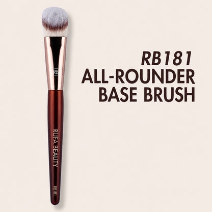 A makeup brush with a dark brown handle, metallic rose gold ferrule, and light gray bristles, shown next to the text 'RB181 ALL-ROUNDER BASE BRUSH' on a light beige background. The brand 'RUFIA BEAUTY' is printed vertically on the handle.