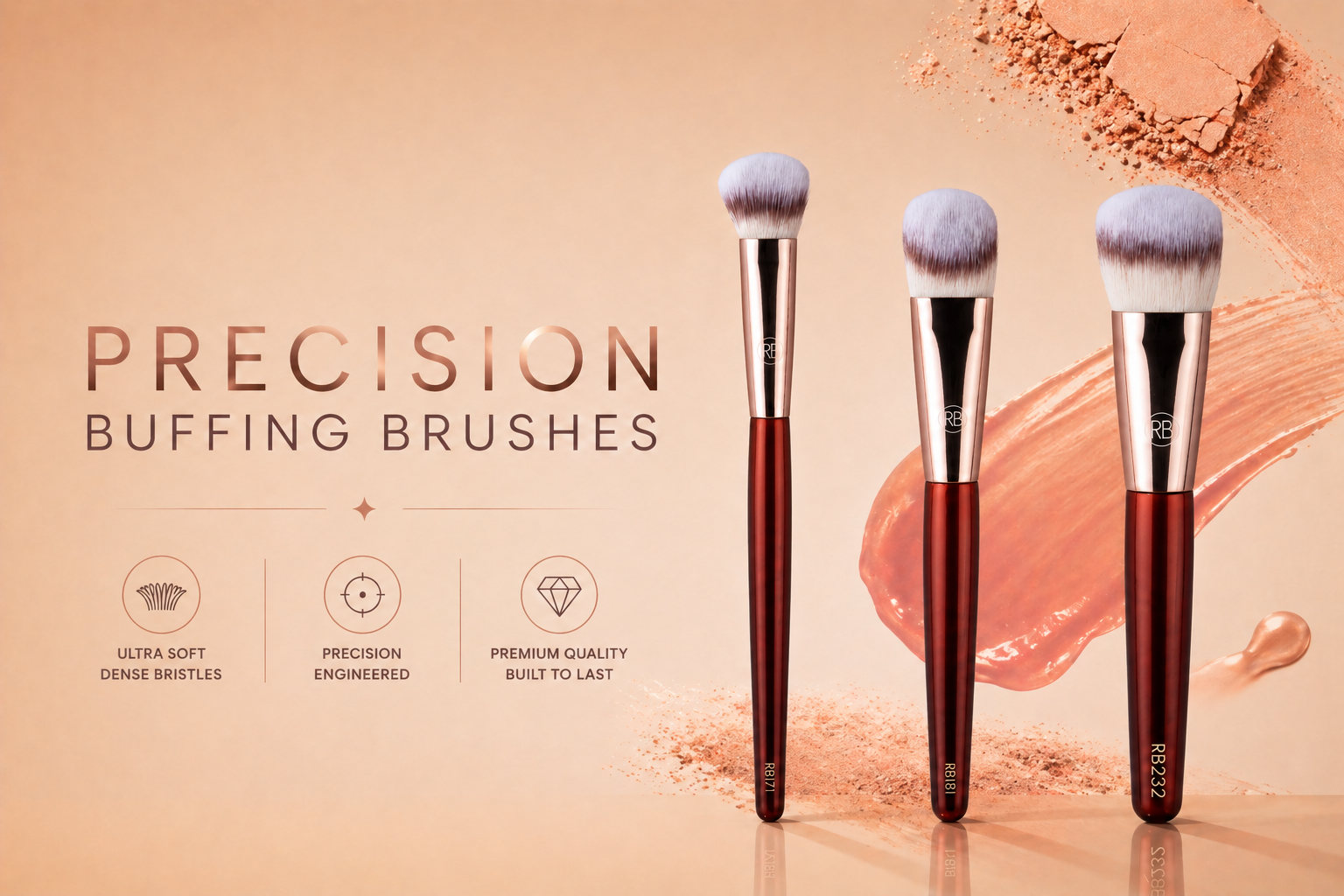 Three precision Makeup buffing brushes with a beige background and text highlighting features.