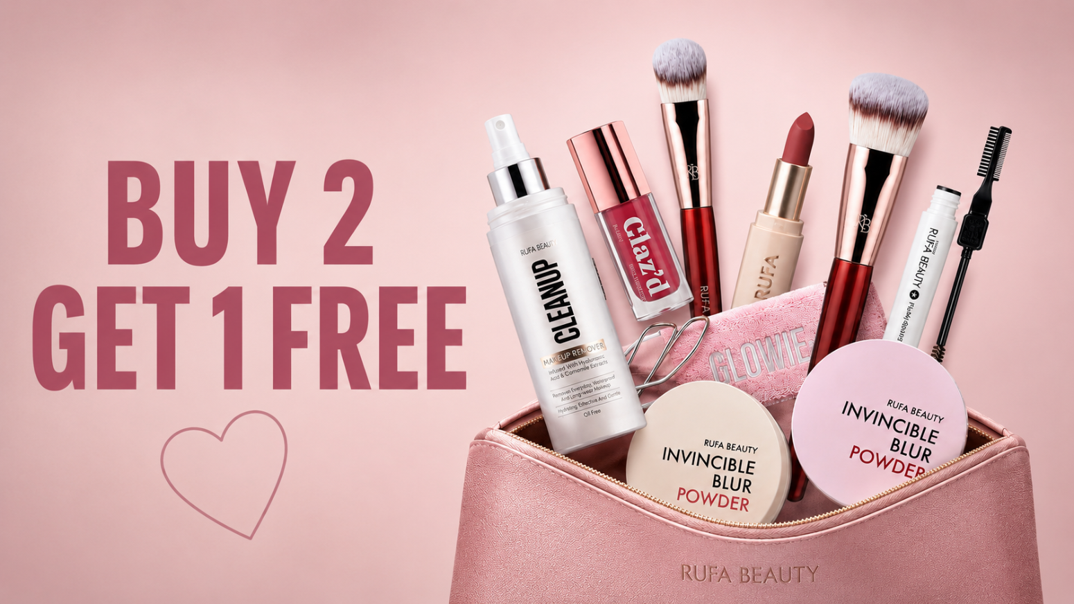 Makeup products including brushes, a bottle, and a compact with 'Buy 2 Get 1 Free' text on a pink background.