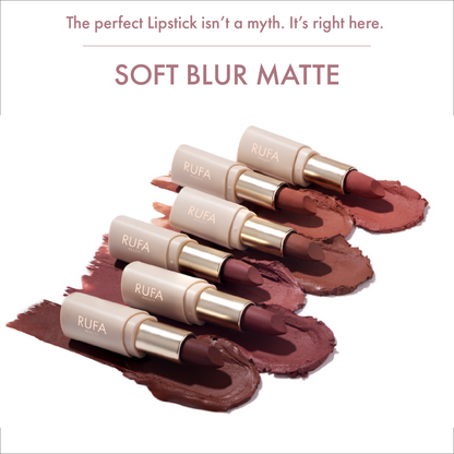 This image features a collection of RUFA brand lipsticks in a Soft Blur Matte finish. The lipsticks are displayed in a variety of shades, ranging from a light peach tone to dark brown, each providing a matte finish with a subtle, soft blur effect.