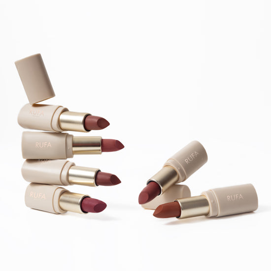 This video features a collection of RUFA brand lipsticks in a Soft Blur Matte finish. The lipsticks are displayed in a variety of shades, ranging from a light peach tone to dark brown, each providing a matte finish with a subtle, soft blur effect on models and swatches including mentioning the features